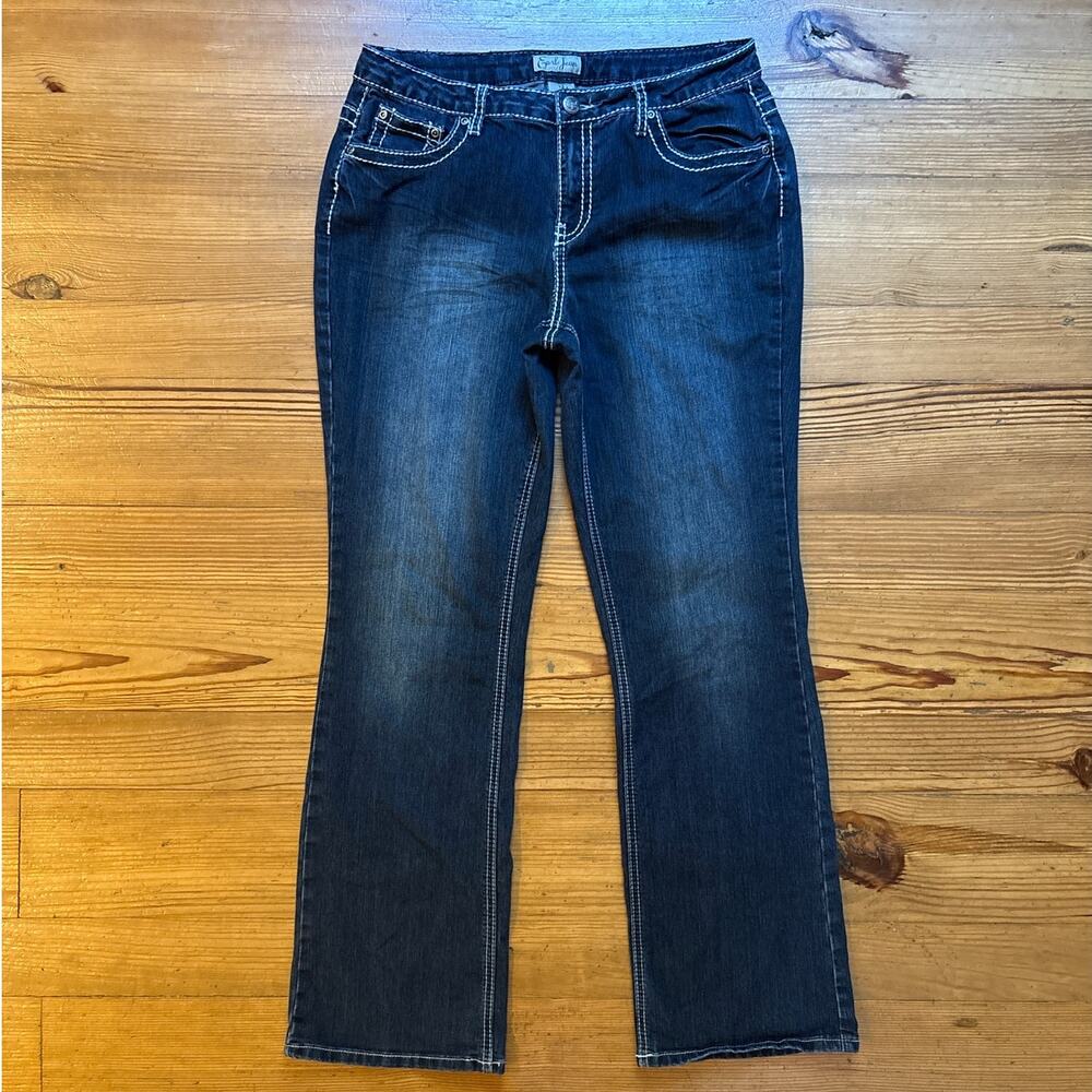 Earl Jean dark wash embroidered jeweled pocket boot cut mid rise jeans‎ SIZE 12
